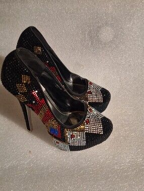 Black Multi-Color Crystal Embellished Women's Platform Pumps